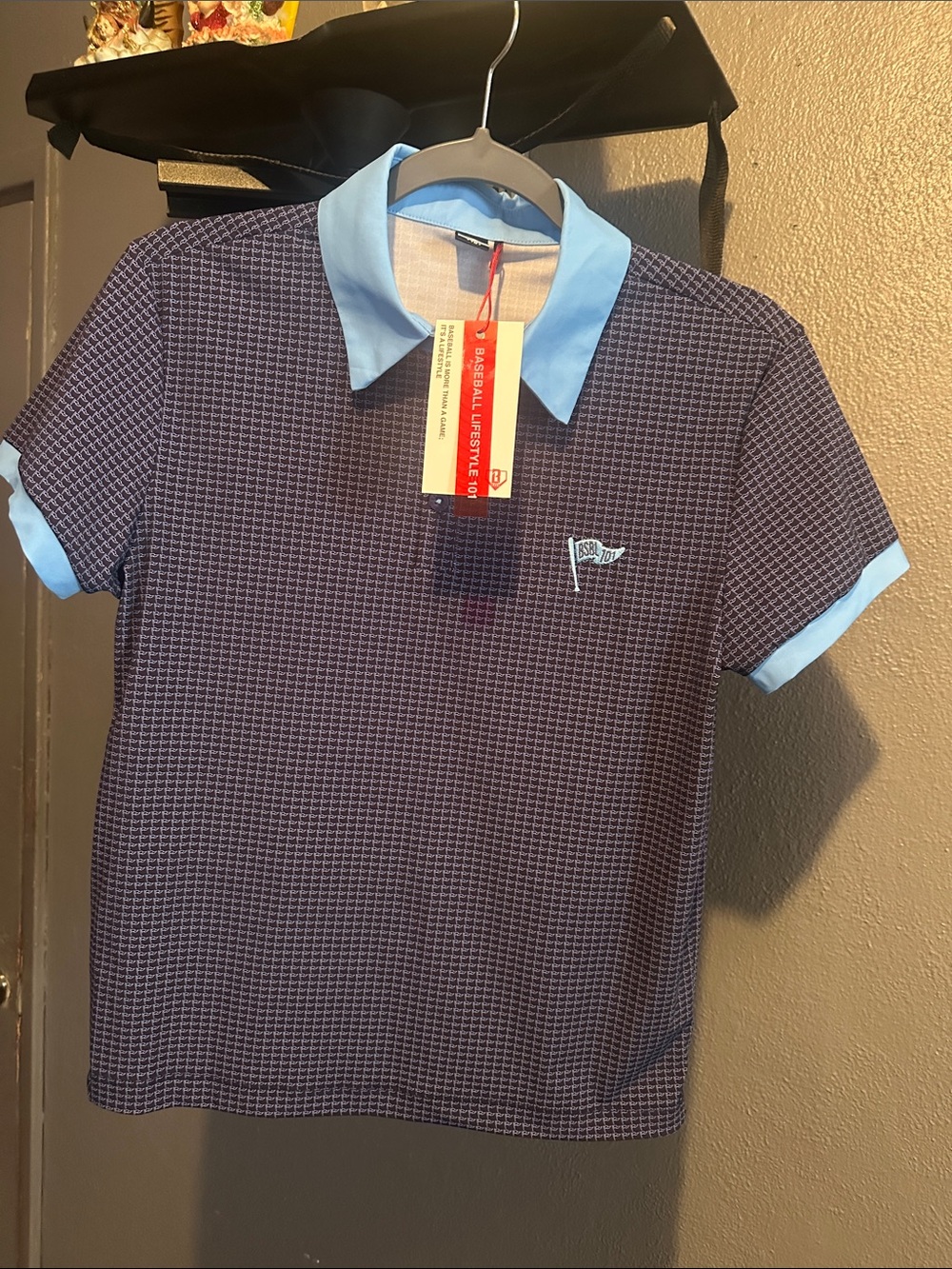 Kids Navy Patterned Polo Shirt with Light Blue Trim